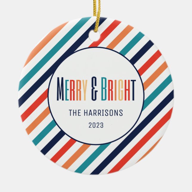 Retro Stripes Abstract Colorful Lines Christmas  Ceramic Ornament (Front)