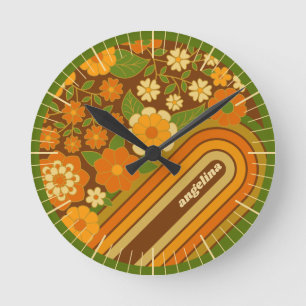 Retro Stripes and Funky Flowers with Custom Name Round Clock