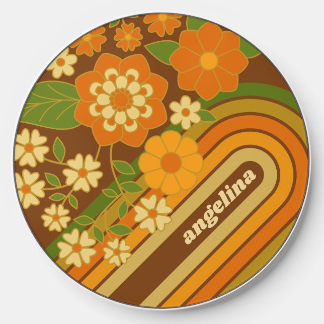Retro Stripes and Funky Flowers with Custom Name Wireless Charger (Front)