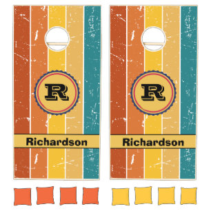 Retro Stripes Bottlecap Wedding Monogram Cornhole Set