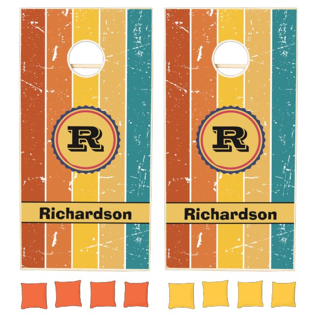 Retro Stripes Bottlecap Wedding Monogram Cornhole Set (Set)