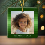Retro Stripes - Christmas Green - Simple Photo Ceramic Ornament<br><div class="desc">Shades of green stripe pattern with a simple text area for a name and date. Add your favorite selfie or family snapshot. Use a square photo to create this unique and personal holiday ornament. The background includes a retro stripe pattern with a clean, modern update. If you need to adjust...</div>