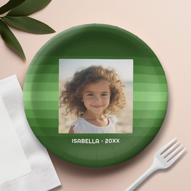 Retro Stripes - Christmas Green - Simple Photo Paper Plates (Custom Paper Plate)