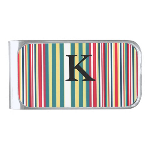Retro stripes colorful add monogram initial letter silver finish money clip
