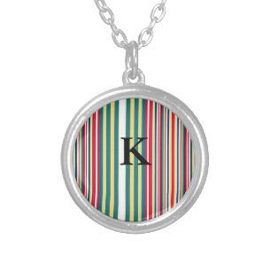 Retro stripes colorful add monogram initial letter silver plated necklace