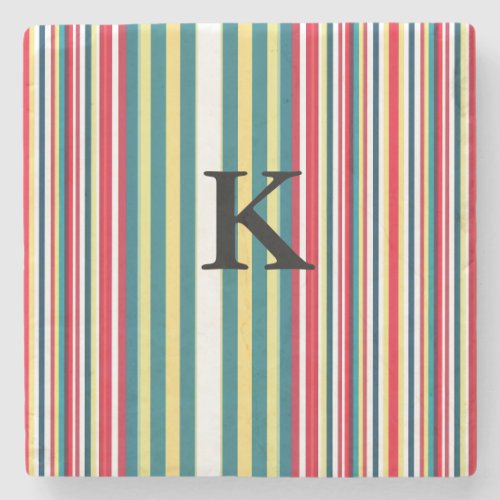 Retro stripes colorful add monogram initial letter stone coaster