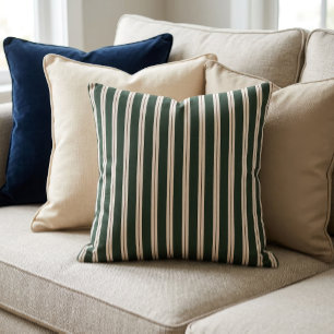 Retro Stripes- Dark Green, Beige and Dark Red Throw Pillow