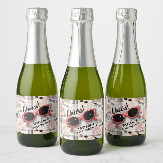 Retro Stripes Flamingos Palms Sunglasses Mini Sparkling Wine Label (Bottles)