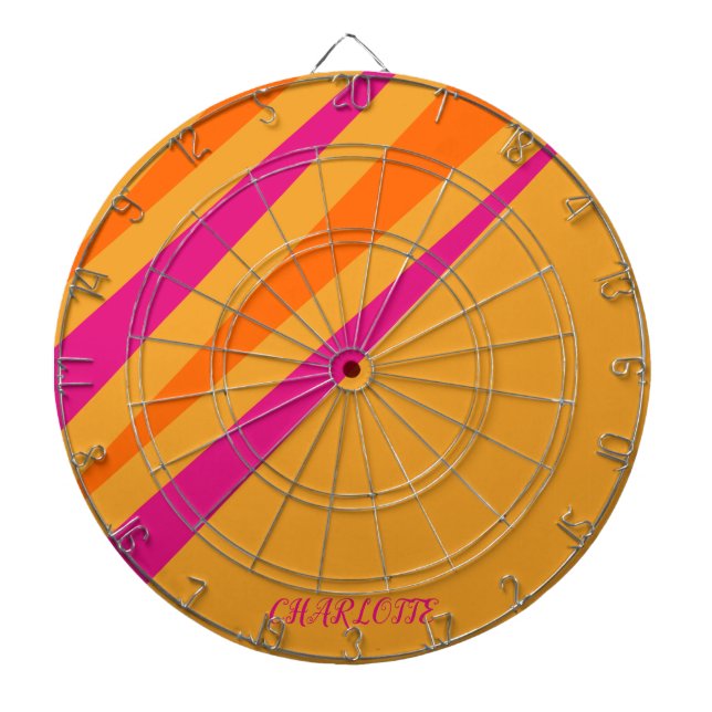 Retro Stripes Girly Monogram Pink Orange Mustard Dart Board (Front)