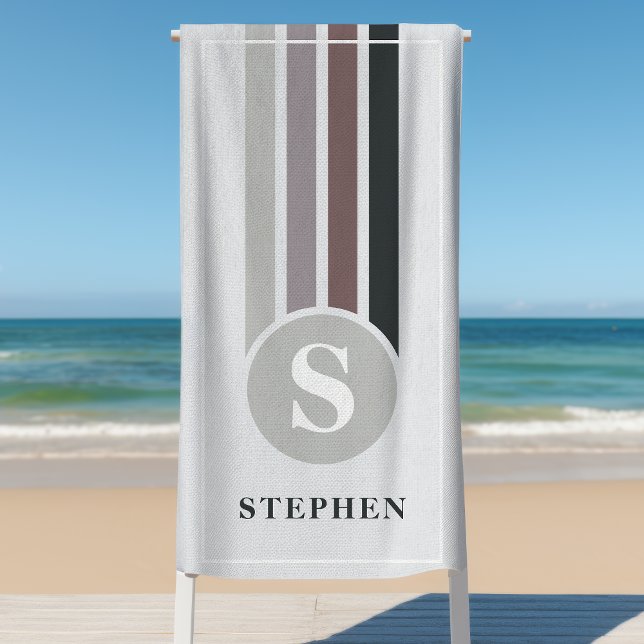 Retro Stripes Gray Taupe Monogram Name Beach Towel (Creator Uploaded)