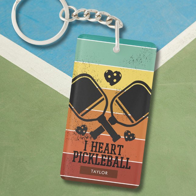 Retro Stripes I Heart Pickleball Custom Name Keychain (Add Name to personalize)