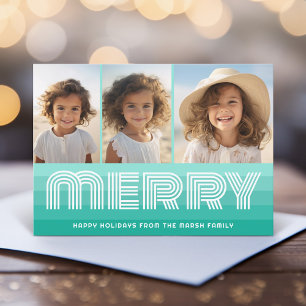 Retro Stripes in Aquamarine Blue - Merry 3 Photo Holiday Card