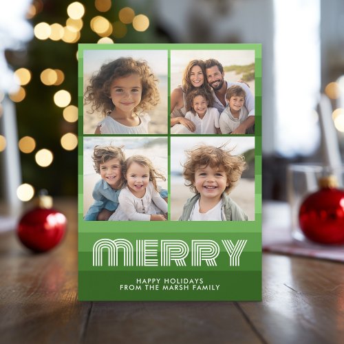 Retro Stripes in Olive Green _ 4 Photo _ Merry Holiday Card