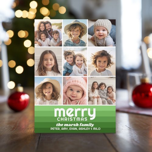 Retro Stripes in Olive Green _ 9 Photo _ Merry Holiday Card