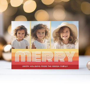 Retro Stripes in Sunset Rust - Merry 3 Photo Holiday Card