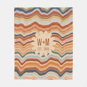 Retro Stripes Initials Boho Groovy 70s terracotta Fleece Blanket
