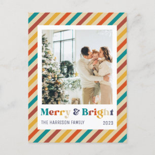Retro Stripes Merry & Bright Family Photo Postcard
