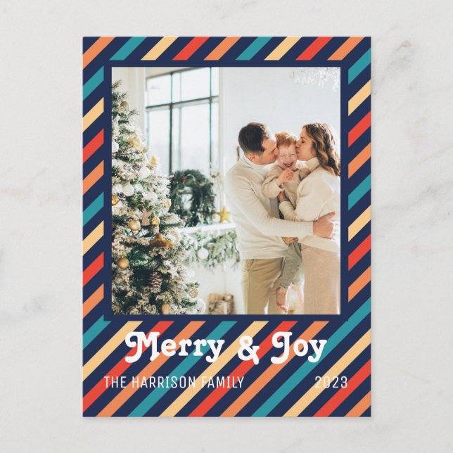 Retro Stripes Merry & Joy Family Photo Postcard (Front)