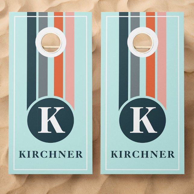 Retro Stripes Navy Blue Monogram Family Name Cornhole Set (Creator Uploaded)