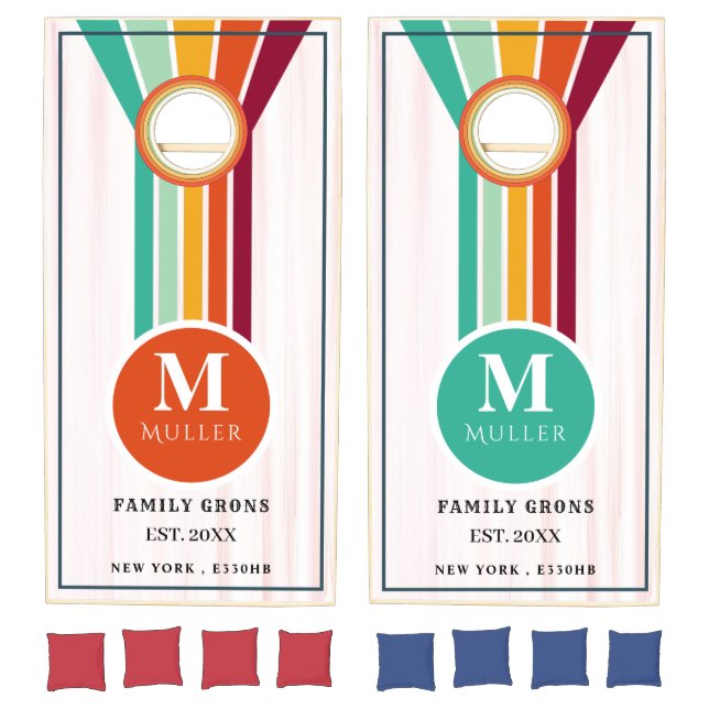 Retro Stripes Orange Monogram Family Name  Cornhole Set (Set)