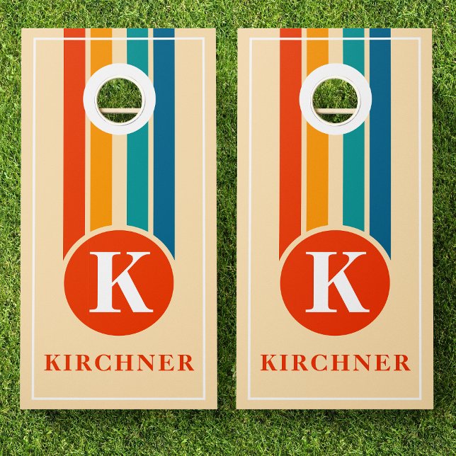 Retro Stripes Orange Monogram Family Name Cornhole Set (Creator Uploaded)