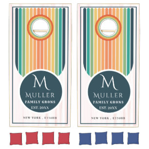 Retro Stripes Orange Monogram Family Name Cornhole Set
