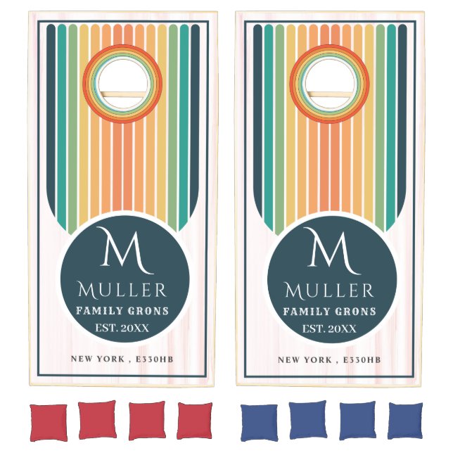 Retro Stripes Orange Monogram Family Name  Cornhole Set (Set)
