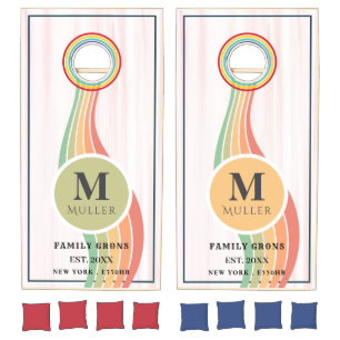 Retro Stripes Orange Monogram Family Name Cornhole Set