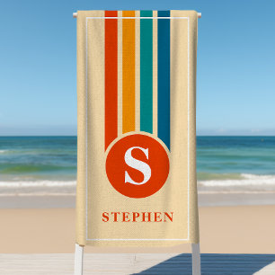 Retro Stripes Orange Monogram Name Personalized Beach Towel