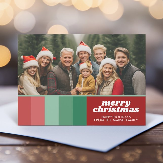 Retro Stripes - Photo - Merry Christmas Line Art Holiday Card (Retro Curvy Line art Christmas card - shades of red and green)