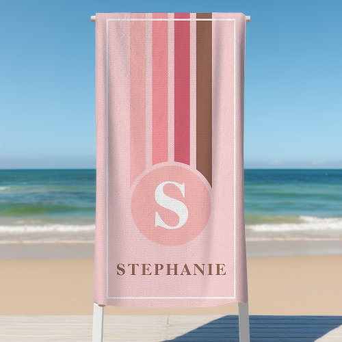 Retro Stripes Pink And Brown Monogram Name Beach Towel