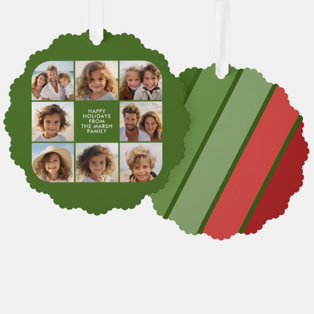 Retro Stripes Red Green - Christmas 8 Photo Ornament Card (Front/Back)
