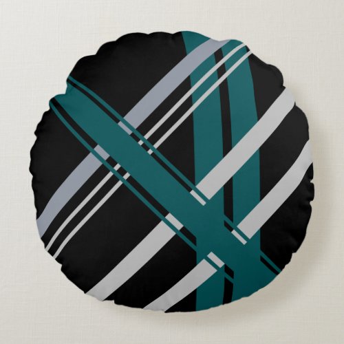 Retro Stripes Shades of Gray Forest Green Black Round Pillow