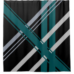 Retro Stripes Shades of Gray Forest Green Black Shower Curtain