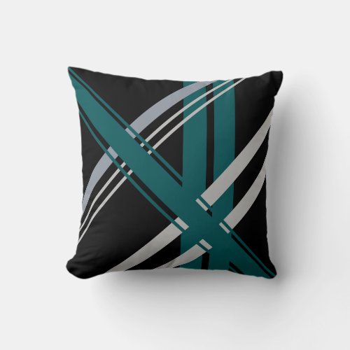 Retro Stripes Shades of Gray Forest Green Black Throw Pillow