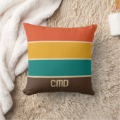 Retro Stripes Vintage Color Teal Brown MONOGRAM Throw Pillow (Blanket)