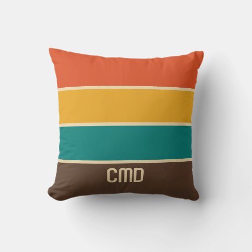 Retro Stripes Vintage Color Teal Brown MONOGRAM Throw Pillow