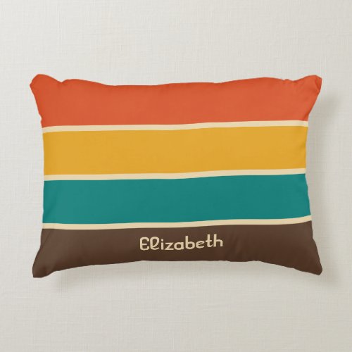 Retro Stripes Vintage Color Teal Orange Brown Name Accent Pillow