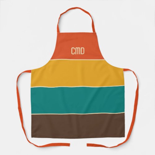 Retro Stripes Vintage Color Teal Orange Brown Name Apron