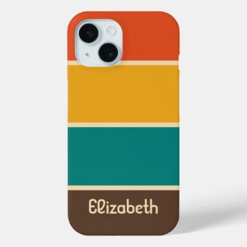 Retro Stripes Vintage Color Teal Orange Brown Name Iphone 15 Case by ironydesigns at Zazzle