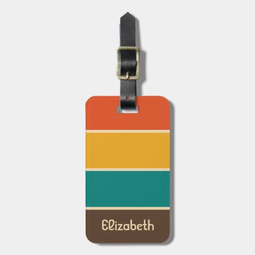 Retro Stripes Vintage Color Teal Orange Brown Name Luggage Tag