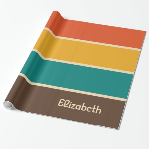 Retro Stripes Vintage Color Teal Orange Brown Name Wrapping Paper