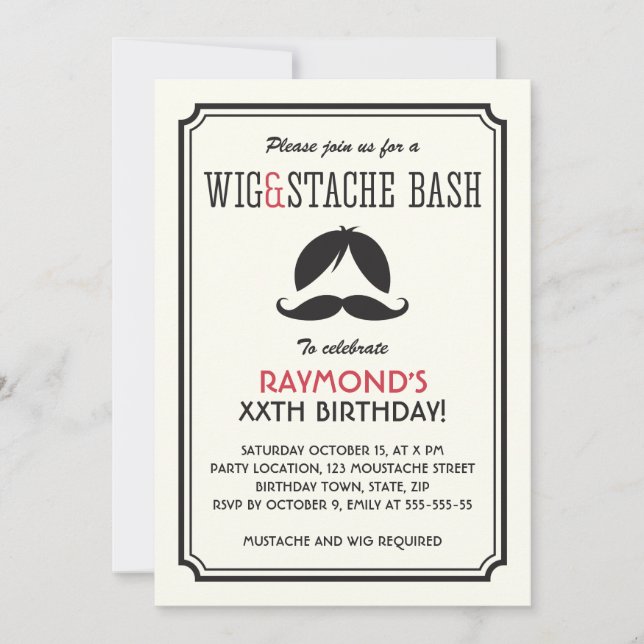 Retro stripes wig and mustache bash birthday party invitation (Front)