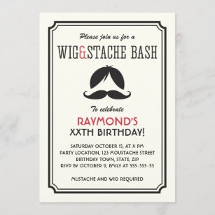 Retro stripes wig and mustache bash birthday party invitation