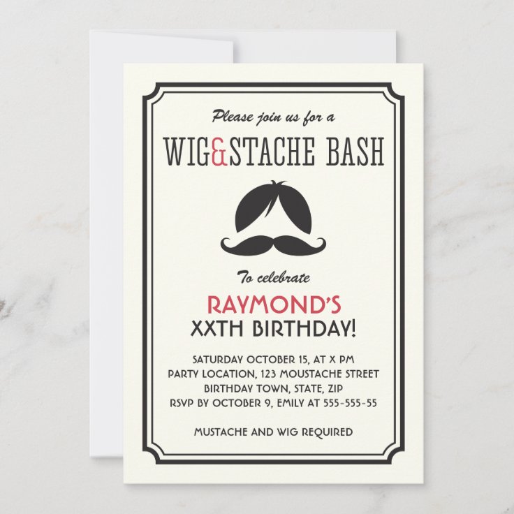 Retro stripes wig and mustache bash birthday party invitation | Zazzle