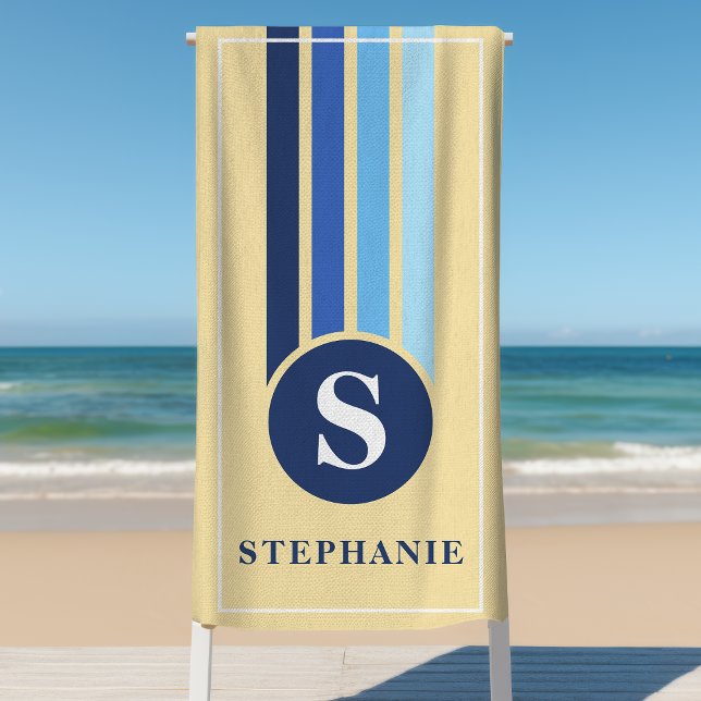 Retro Stripes Yellow And Blue Monogram Name Beach Towel (Creator Uploaded)