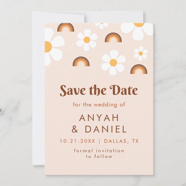 Retro Style 70s Rainbow & Daisy Groovy Hippie Save The Date (Front)