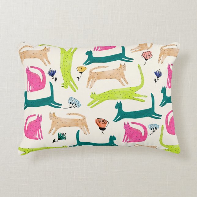 Retro style abstract flower and cat illustration s accent pillow (Front)