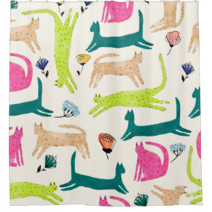 Retro style abstract flower and cat illustration s shower curtain