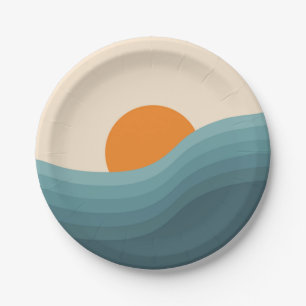 Retro style abstract sunset landscape paper plates